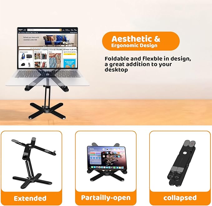 Laptop Stand with 360 Rotating Base, Computer Notebook Laptop Riser Metal Holder for Desk Collaborative Work, Fully Foldable for Easy Storage, Fits All MacBook, Laptops up to 16 inches, Black