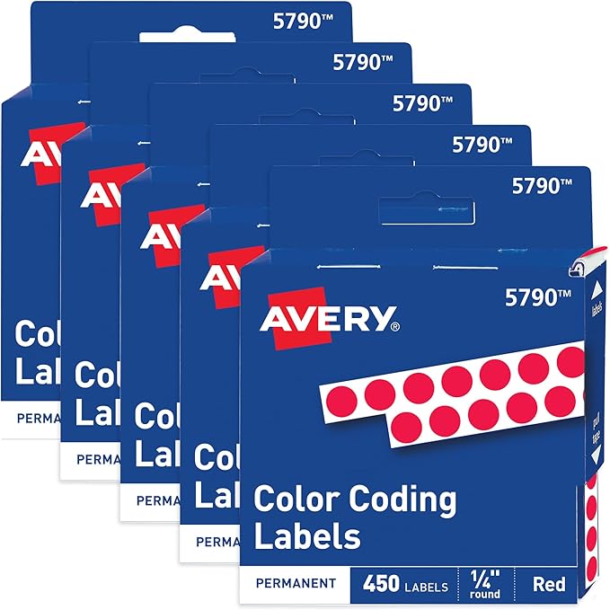 Avery Dot Stickers 1/4 Inch, 450 Red Stickers Per Pack, 5 Packs, 2,250 Total Round Labels (05790)