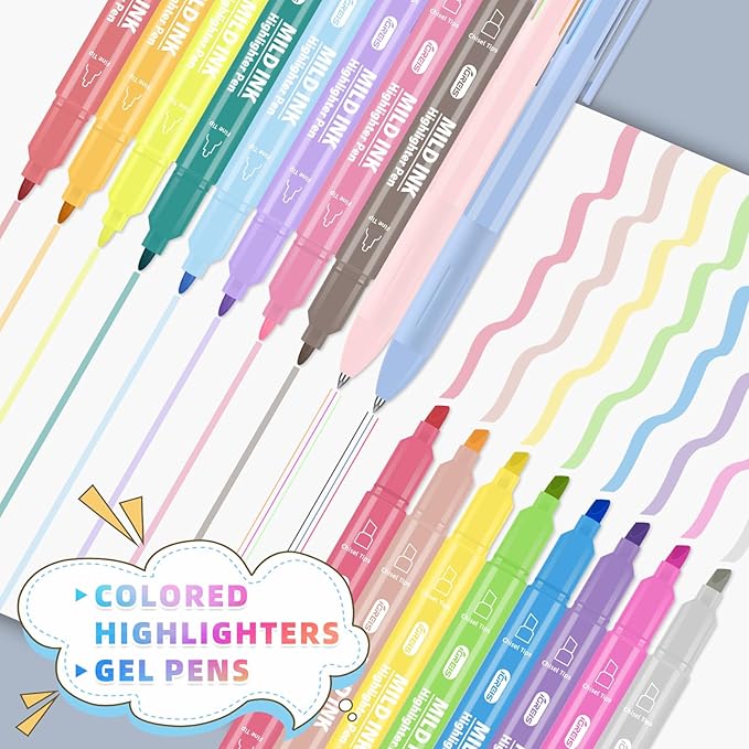 Dual Tip Aesthetic Highlighters 16 Colors and 2 Pcs 3 in 1 Multicolor Gel Pens 6 Colors Ink, Chisel & Fine Tips, No Bleed, Cute Bible Highlighters Assorted Colors for Journaling Textbook