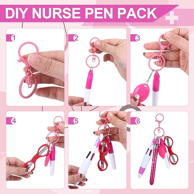 6 Pcs Nurse Pens for Badge Set,Nurse Badge Accessories with Reel Pen,Nursing Accessories Healthcare with Pens,Highlighter and Permanent Marker Pen and Led Keychain Foldable Scissors(Pink)