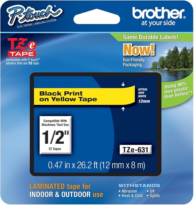 Brother Genuine TZe-631 1/2" Black on Yellow Standard Laminated Tape for P-Touch Labeler, 4 Pack