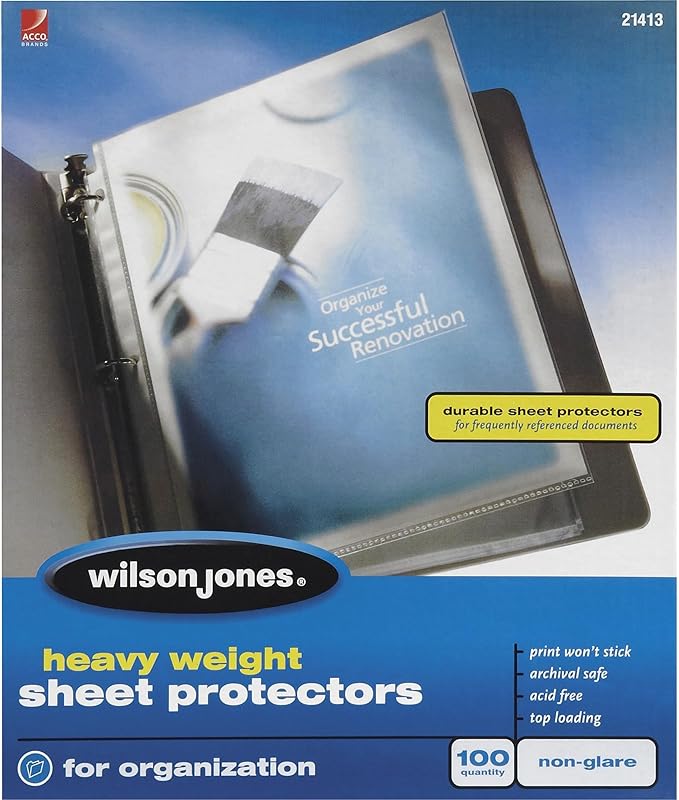 Wilson Jones Sheet Protectors, Heavy Weight, Top-Loading, Non-Glare, 100 Sheets/Box (W21413)