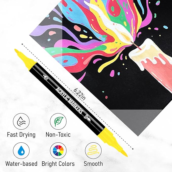 24 Colors Acrylic Paint Markers, Dual Tip with Fine Tip and Brush Tip Pens for Stone, Wood, Calligraphy, Canvas, Ceramic, Metal, Glass, Rock Painting, DIY Crafts Art Supplies Kit