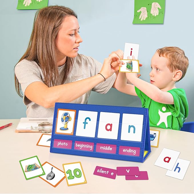 EAMAY CVC Word Building Desktop Pocket Chart Stand with Magnetic Write & Wipe Boards Tent & Cards Kit,Reading Spelling Phonics Games for Kids, Kindergarten Classroom Must Haves!