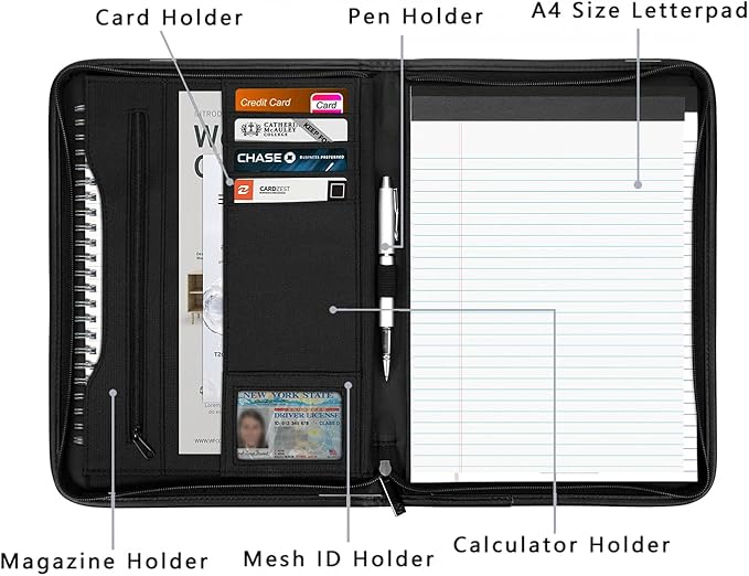 Zippered Portfolio Organizer/ A4 Refillable Lined Writing Notepad Folder Case/Fabric-Covered Padfolio Binder with Interior Storage Pocket for Men Women.Classic Black