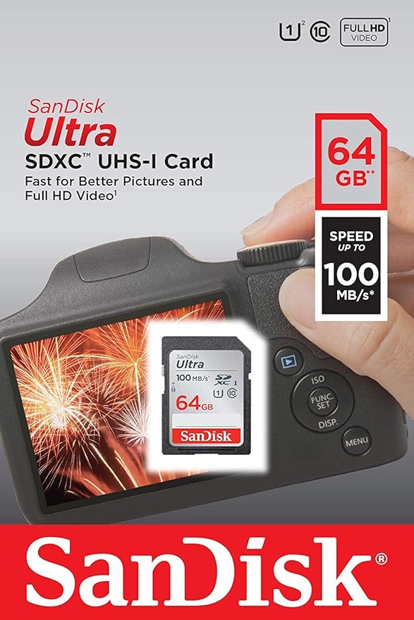 SanDisk 64GB Ultra SD Memory Card for Nikon Coolpix L340, B500, A10, L32, S7000, A300, P900, Camera UHS-I Class 10 (SDSDUNR-064G-GN6IN) Bundle with Everything But Stromboli Memory Card Reader