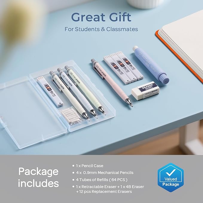 Nicpro Cute Mechanical Pencil Set, 4PCS 0.9mm Pastel Drafting Pencils with 4 Tube HB Lead Refills, 4B Erasers, Rotary Retractable Eraser and Eraser Refill for Writing Sketching Back to School Supplies