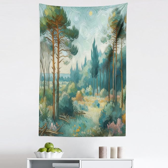 Ambesonne Forest Tapestry, Trees Bushes Sky with Dramatic Brush Stroke Effects Post-Impressionism, Fabric Wall Hanging Decor for Bedroom Living Room Dorm, 30" X 45", Cadet Blue Green Amber