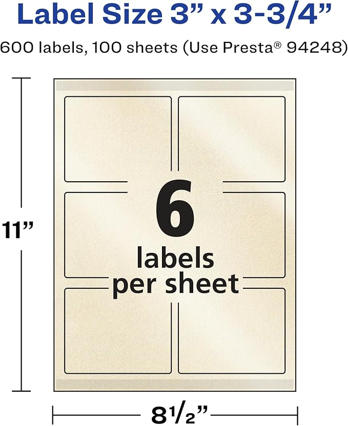 Avery Pearlized Ivory Rectangle Labels, Sure Feed Technology, Print-to-The-Edge, 3" x 3.75", 600 Pearlized Ivory Labels, Laser/Inkjet Printable
