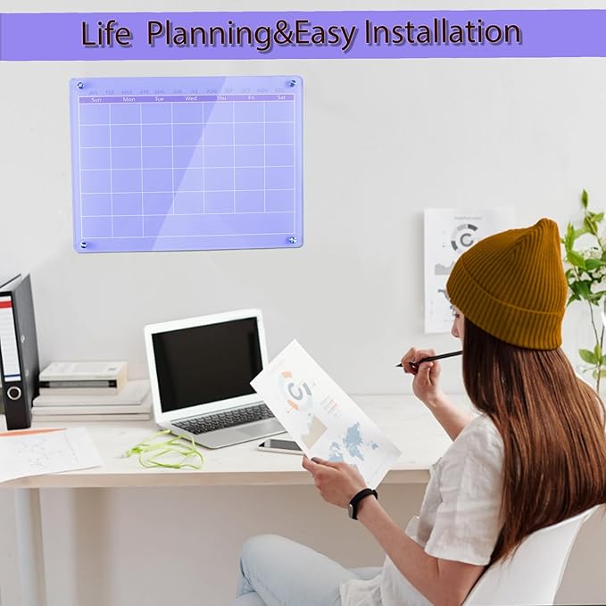 Acrylic Calendar for Wall,15.7''x11.8'',Acrylic Wall Calendar with Dry Erase Surface,Acrylic Monthly Calendar for Wall,Purple Dry Erase Board for Home Office School-PGYL-Pu-3040