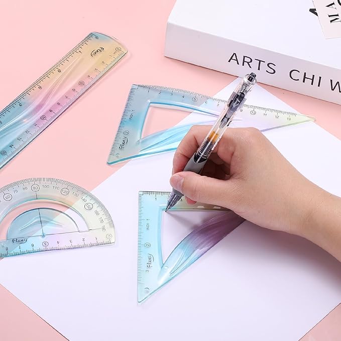 HARFINGTON 4pcs Triangular Ruler Set 15cm Plastic Flexible Straight Metric Soft Bendable Ruler Geometric Protractor Triangle Rulers for Home Office