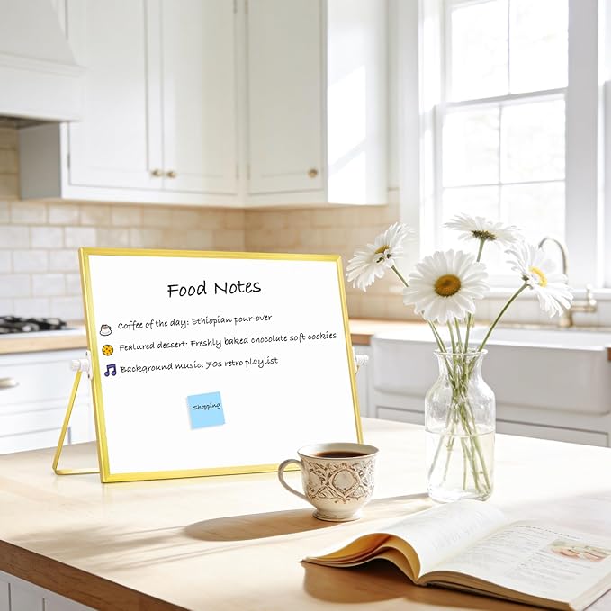 Magnetic Dry Erase White Board, 16" x 12" Double-Sided Golden Aluminum Frame Desktop Whiteboard with Stand, Portable Small Whiteboard Set for Drawing, Office, Home
