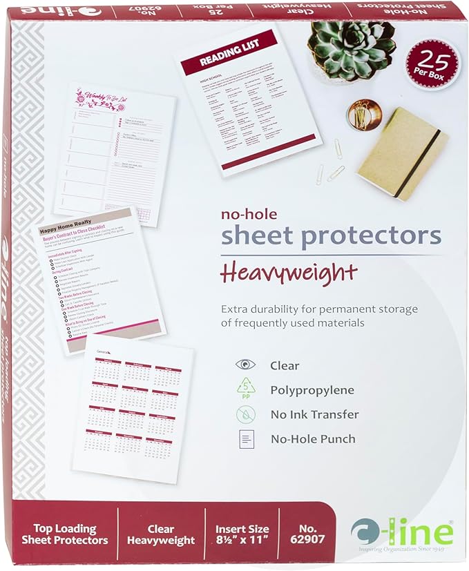 C-Line Top Loading Heavyweight Poly No-Hole Sheet Protectors, 8.5 x 11 Inches, 25 per Box (62907)