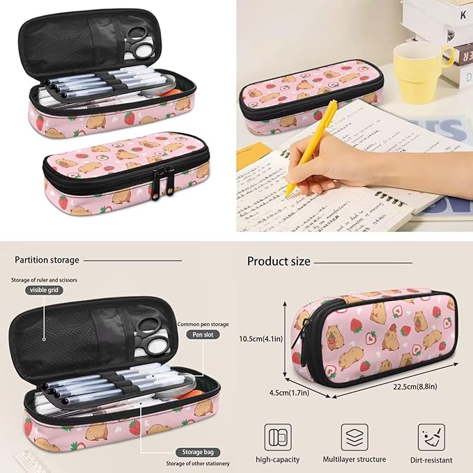 Kids School Bag Set Strawberry Capybara Backpack for Girls Schoolbag Set with Lunchbox Pencil Case Water Bottle Sleeve Elementary Preschool Kindergarten Bookbag 4 IN 1