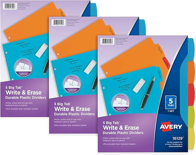 Avery Big Tab Write & Erase Durable Plastic Dividers, 5-Tab Set, Multicolor Brights, 3 Sets (21212) (Pack of 8)