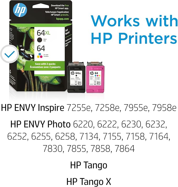 HP Original 64 Tri-Color / 64XL Black Ink Cartridges (2-pk) | Works Envy Inspire 7250e, 7950e Series Envy Photo 6200, 7100, 7800 Series