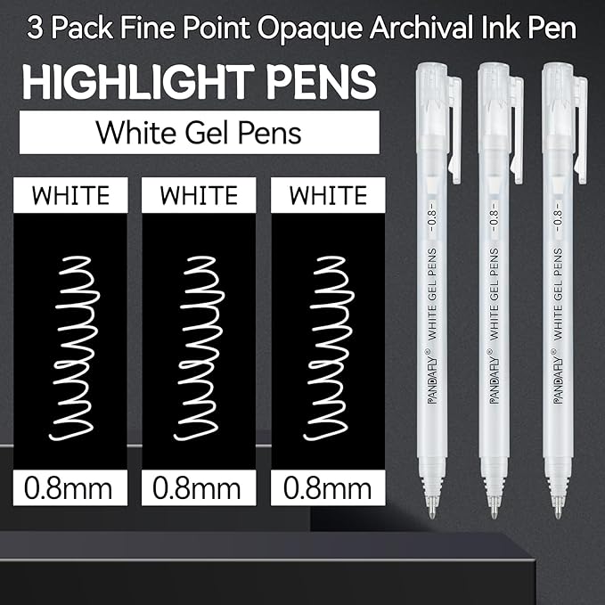 PANDAFLY White Gel Pens, 0.8mm Extra Fine Point Opaque Archival Ink Pen for Journaling, Art, or Drawing - For Artist Gifts, Holiday Gifts & DIY Projects, 3 Pack