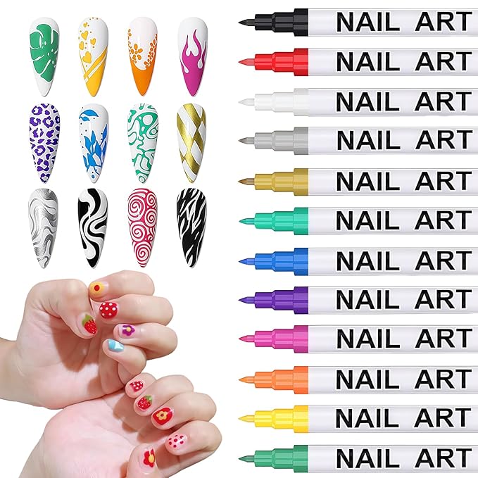 12 Color Nail Art Pens for Painting Nails, 0.7 MM Nail Polish Pens Drawing Point Liner Acrylic Painted Pen Kit, Waterproof Quick-drying for DIY Nails Art Design Manicure Tools