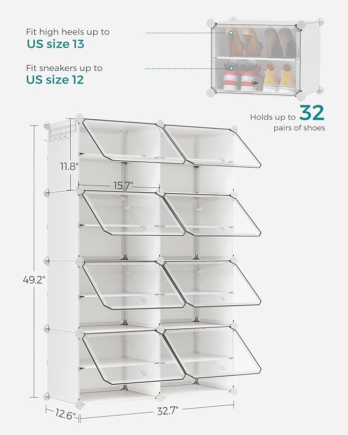 SONGMICS Shoe Rack Organizer, 8-Tier Shoe Storage Cabinet for Closet and Entryway, Holds 32 Pairs of Shoes, Adjustable, Cloud White and Trasparent ULPC034W01