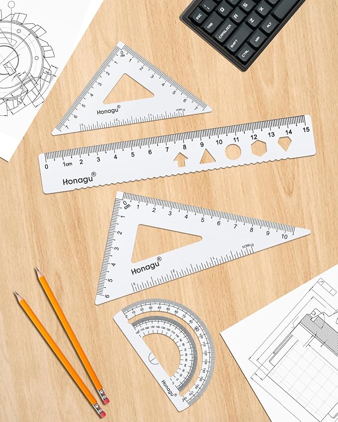 Honagu Triangular Ruler Set, 4 Pieces Aluminum Alloy Metal Drafting Ruler, Geometric Protractor for Students, Draftsmen, Engineers, Home School Office Supplies (15cm/5.9inches, Silver)