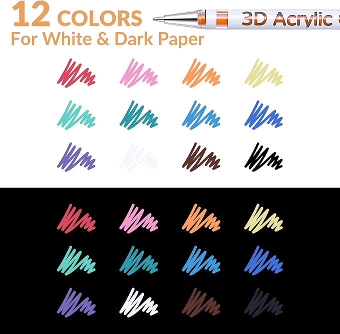3D Acrylic Gel Pen,12 Colors Gel Pens With 1mm Bullet Tip Point, Acrylic Paint Pens for Black Paper,Rock Painting, Glass, Wood, Fabric,Cards,Scrapbook,DIY Art Crafts
