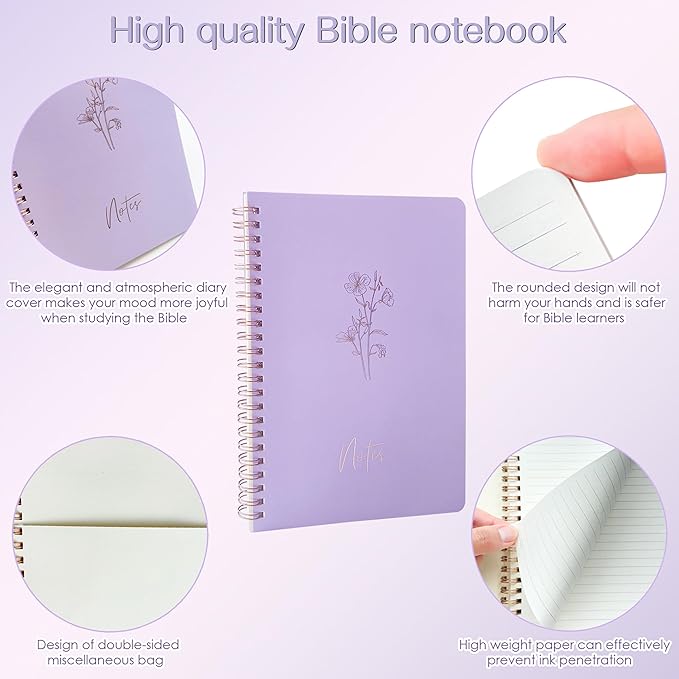 J6&H6 Complete Bible Study Supplies Journaling Kit with Tabs, Highlighters and Color Pens, Notebook,Stickers & More 56pcs Bible Accessories Set for Women, Beginner Christian Gifts(Purple)