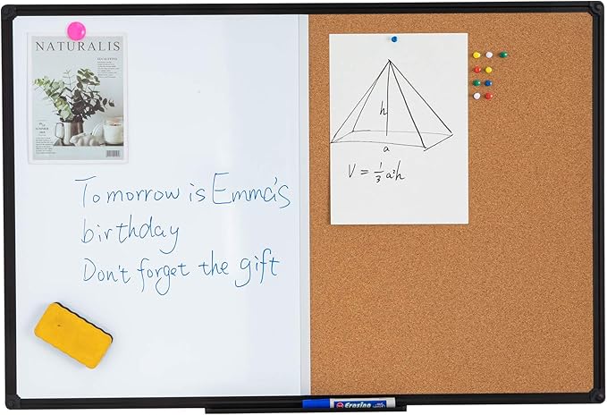 36 x 24 Inch Cork & Dry Erase Combo Board - Magnetic Whiteboard & Bulletin Board Combination - Hanging or Wall-Mounted for Office, Classroom, Home - Black Aluminum Frame