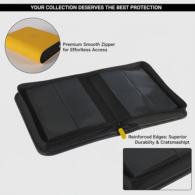 336 Card Binder, 4-Pocket Zipper Binder for Trading Cards, Side Loading Water-Resistant Album for MTG, TCG & Sports Cards (Yellow)