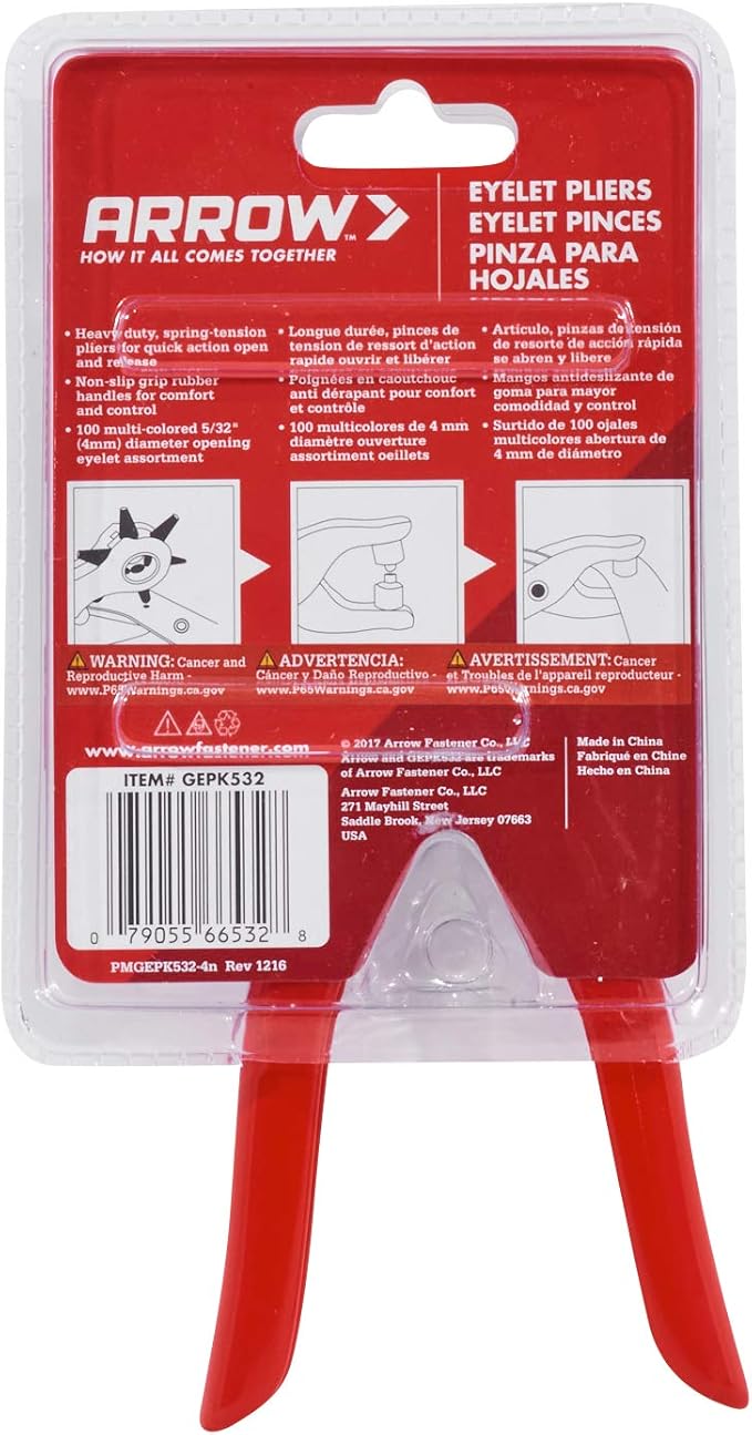 Arrow GEPK532 Eyelet Tool Kit, Hole Punch Pliers for Fabric, Leather, Canvas, Includes 100 Eyelets, 5/32-Inch, Gold,silver