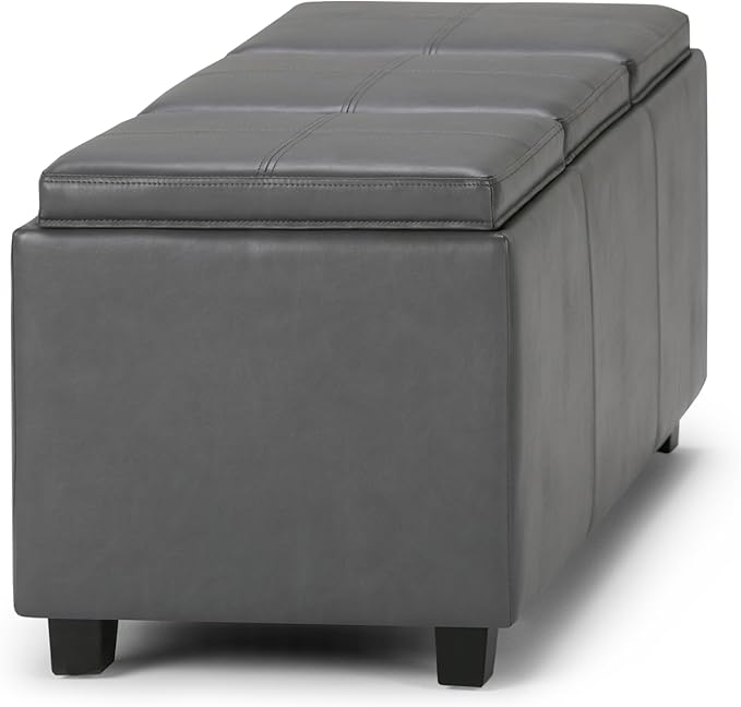 SIMPLIHOME Avalon Storage Ottoman - 42 inch Wide Upholstered Vegan Leather Rectangular Flip-Top Ottoman in Stone Grey, Contemporary Coffee Table Ottoman for Living Room with Hidden Storage