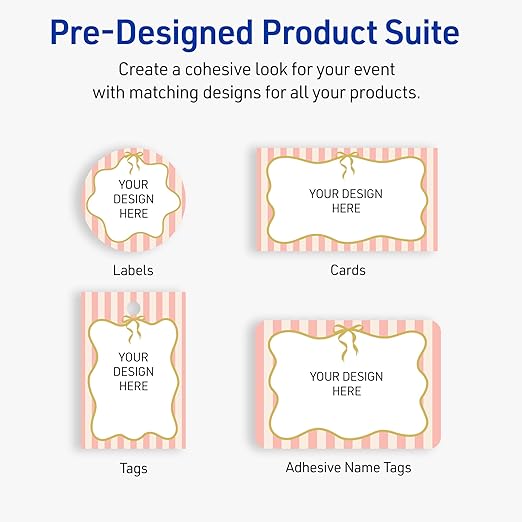 Avery Printable Adhesive Name Badges, 2-1/3" x 3-3/8", Pre-Printed Pink Stripes with Metallic Gold Bow Design, Matte White, Laser & Inkjet Compatible, 80 Total