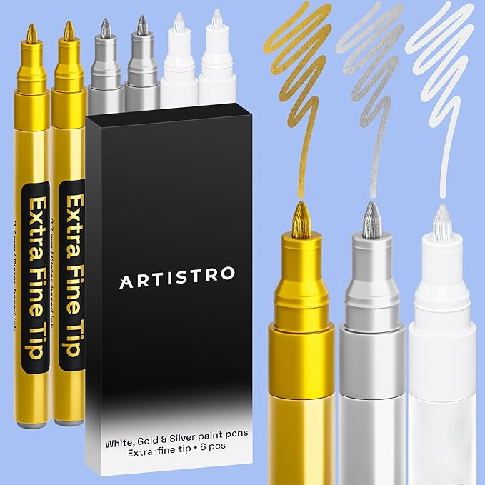 ARTISTRO White, Gold & Silver Acrylic Paint Pens – 0.7mm Extra Fine Tip Paint Pens for Crafts, Greeting Cards, Ornament Decor, Rock Painting, DIY Art