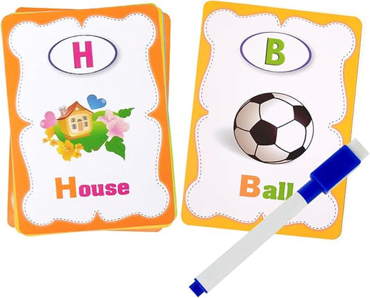 Erasable English Alphabet flashcards. - Write and Wipe Laminated ABCD Letter Tracing Practice Card for Kindergarten (26 Flashcards with Marker) (English Version)