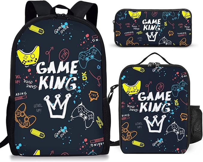 3PCS Gamer Backpack Set for Boys, Lightweight Large Backpack with Lunch Box & Pencil Case, Cool Game Video Bookbag for Kids, Back to School Backpacks for Elementary & Middle School