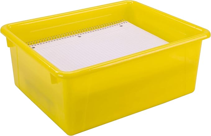 Storex Letter Size Deep Storage Tray – Organizer Bin with Non-Snap Lid for Classroom, Office and Home, Yellow, 5-Pack (62546A05C)