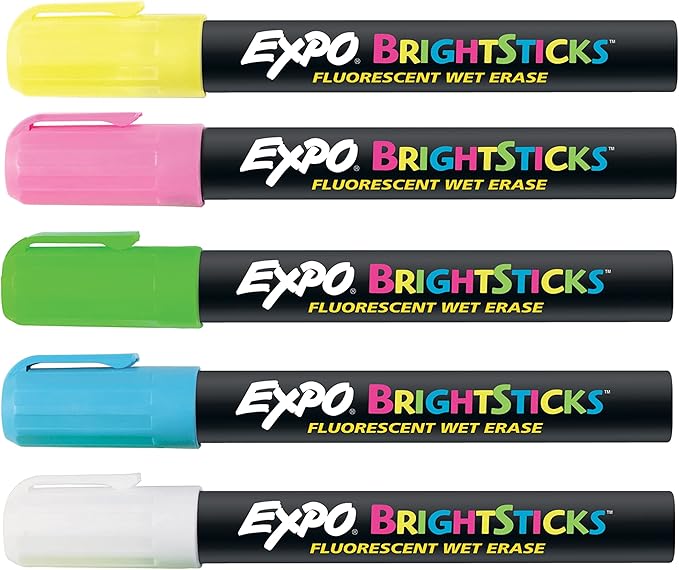 EXPO Bright Sticks, Wet Erase Fluorescent Markers, Bullet Tip, Assorted Colors, 5 Count - Whiteboard, Calendar, Organization, Teacher Supplies