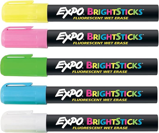 EXPO Bright Sticks, Wet Erase Fluorescent Markers, Bullet Tip, Assorted Colors, 5 Count - Whiteboard, Calendar, Organization, Teacher Supplies