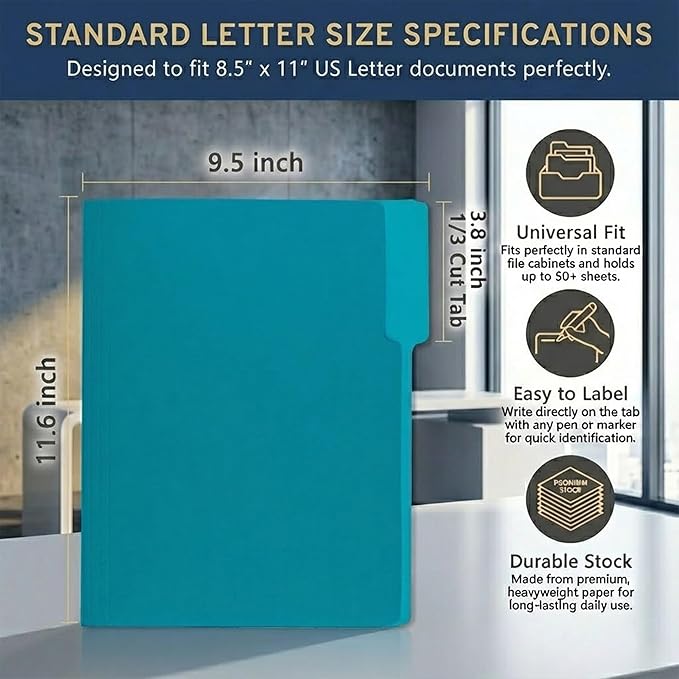 100 Packs Royal Blue File Folder,File Folders Letter Size,1/3-Cut Tabs,8.5x11 Inch File Folders for Office,School and Home,Organizer Documents