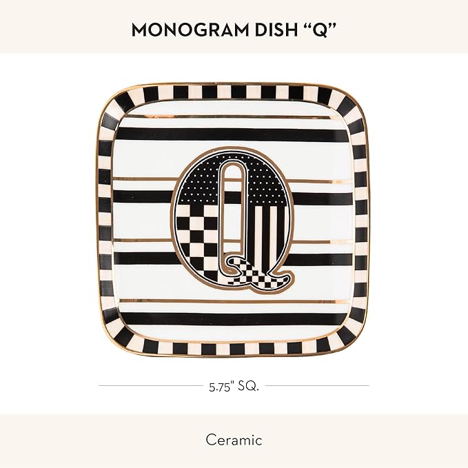 MACKENZIE-CHILDS Monogram Dish, Decorative Ceramic Letter Plate, 5 3/4" Square, Q