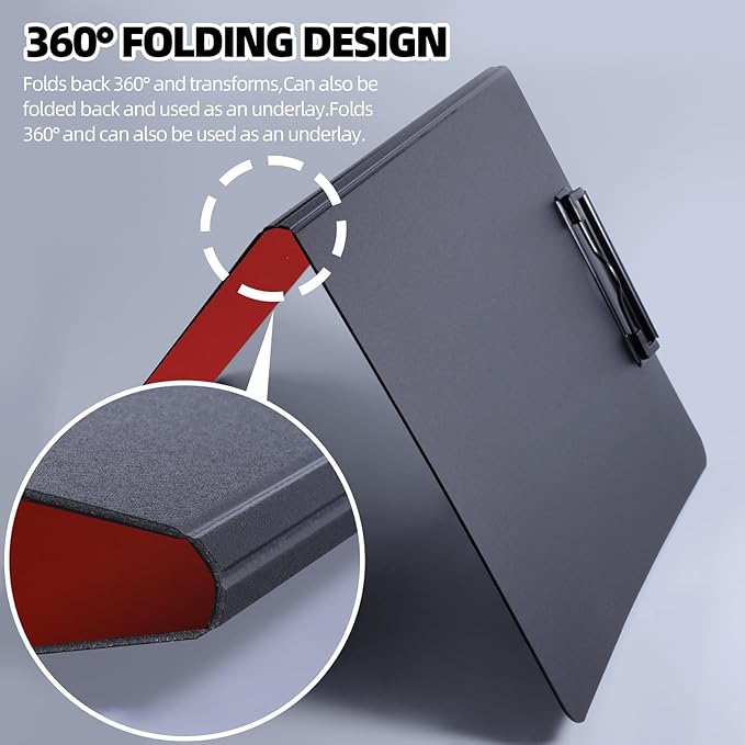 Clipboard Folder, 2 Pcs A4 Foldable Clipboard with Horizontal and Vertical Double Metal Clips, 360 Degree Foldable Binder Clipboards with Pen Holder, File Cover Work Folder Clipboards, Red