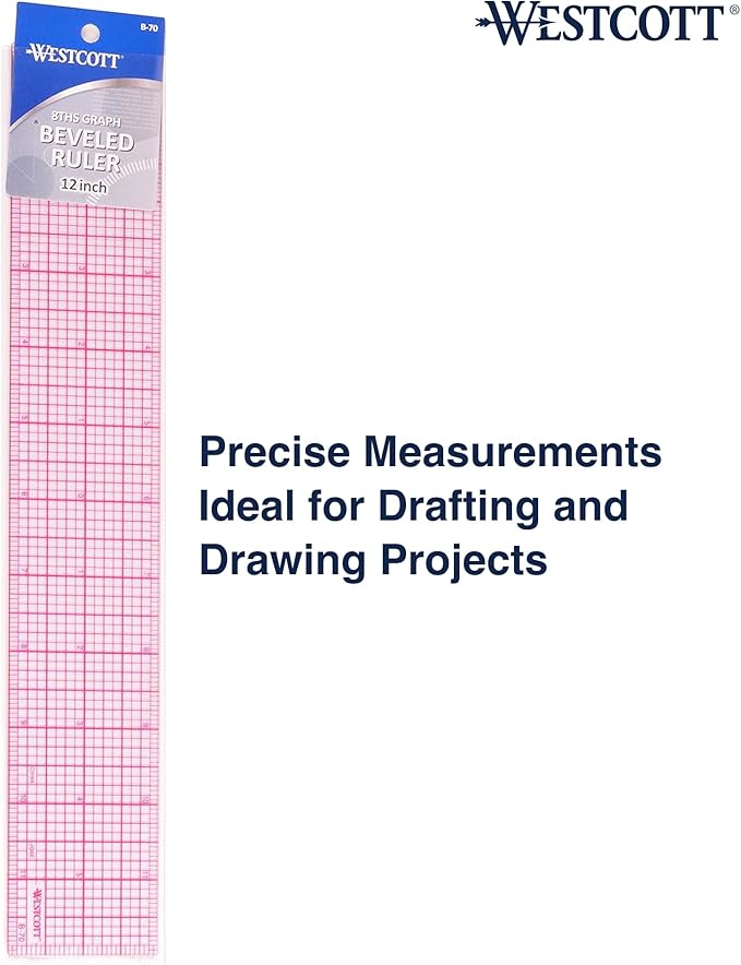 Westcott 8ths Graph Transparent Beveled Edge Ruler, Zero Centering Scale, Durable Laminated Finish,12-Inch, Measuring Tool for School, Office, Drafting, Sewing, Engineering, School Supplies, 12 Pack