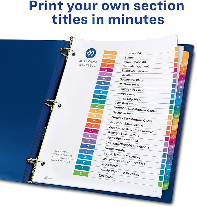 Avery A-Z Dividers for 3 Ring Binders, 26 Tabs per Set, Customizable Table of Contents, Multicolor Tabs, Great for Organizing Reports, Projects, and More (12 Sets of 11125)