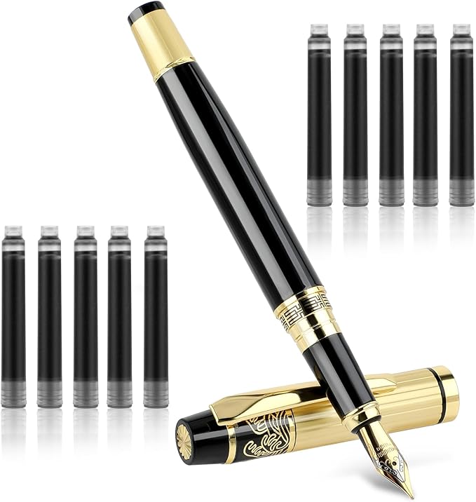 JIEYAO Metal Fountain Pens Set, 0.5mm Luxury Fine Point Fountain Pen, With 10 2.6mm Ink Cartridges & Ink Refill Converter Smooth Writing Business Pens Calligraphy Pen for Office School Supplies Gift