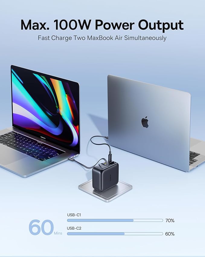 Baseus Enercore 100W USB C Charger with Retractable Built-in Cable, 3-Port Foldable Plug PD Fast Charging Wall Adapter for MacBook Pro/Air, iPad, iPhone 17, Galaxy S25, Pixel, Steam Deck, ROG Ally