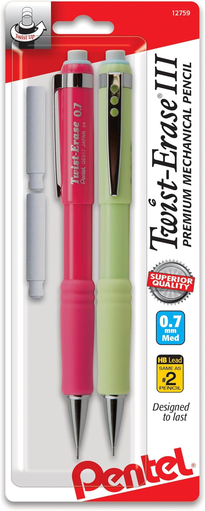 Pentel Twist-Erase III Mechanical Pencil,(0.7mm),Assorted Barrel Colors with 2 Eraser Refills (QE517BP2),(Pack of 4)
