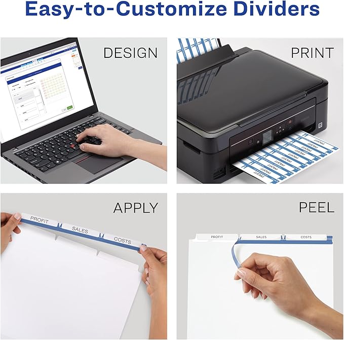 Avery 3-Tab Dividers for 3 Ring Binder, Easy Print & Apply Clear Label Strip, Index Maker Customizable White Tabs, 25 Sets (11445)