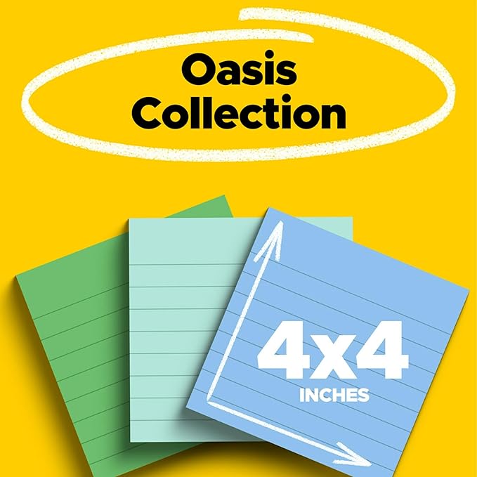 Post-it 100% Recycled Paper Super Sticky Notes, Lined, 4 in. x 4 in., 3 Pads, 70 Sheets per Pad, Oasis Collection, New Year Organization or Second Semester School Supplies