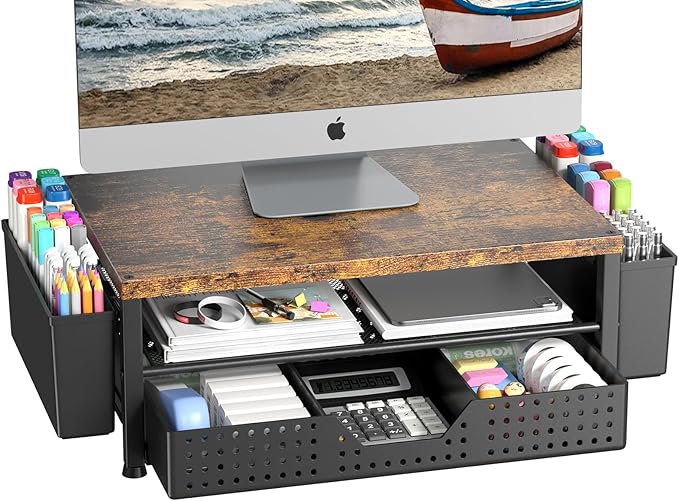Wood Monitor Stand Riser, Laptop Stand for Desk, Office Desk Organizer and Accessories, Computer Desktop Shelf with Drawer and Pen Holder, Printer Stand for Home, Office, Dorm (Brown)
