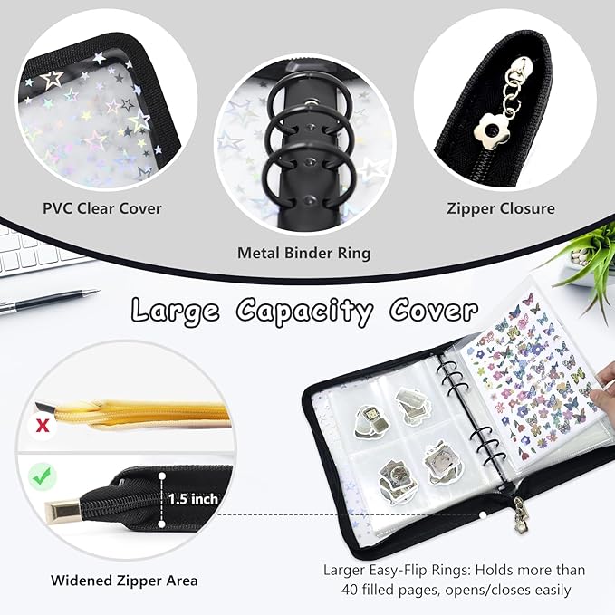 Sticker Storage Organizer Binder A5 Sticker Collecting Book Reusable Zipper Album with Clear Laser Star Cover and Pocket Pages (Black)