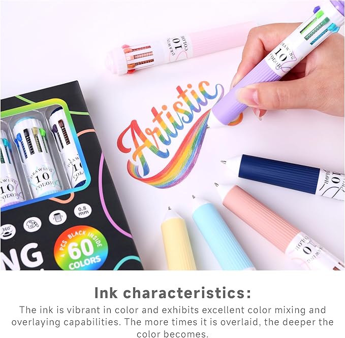 60 Colors Multicolor Pen, 6PCS 10-in-1 Multicolor Ballpoint Pen Set, 0.8mm Tip Retractable Colored Pens for Drawing and Writing, School Office Art Supplies